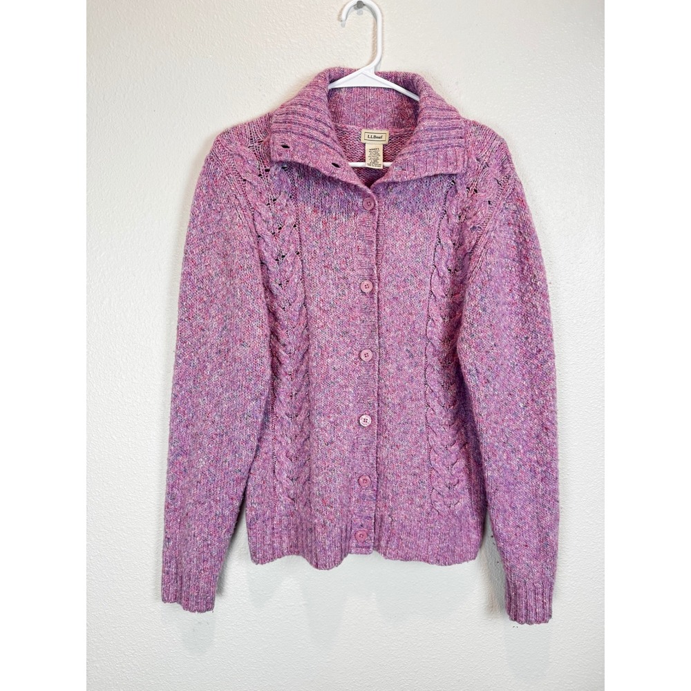 L.L.Bean Women L Purple Pink Cable Knit Cardigan Wool Blend Shawl Collar Sweater